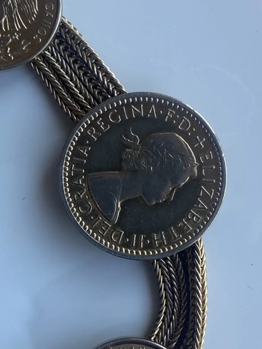 Vintage British & Mexican Coin Bracelet 1956 Queen Elizabeth II 5 Strand 7.5”